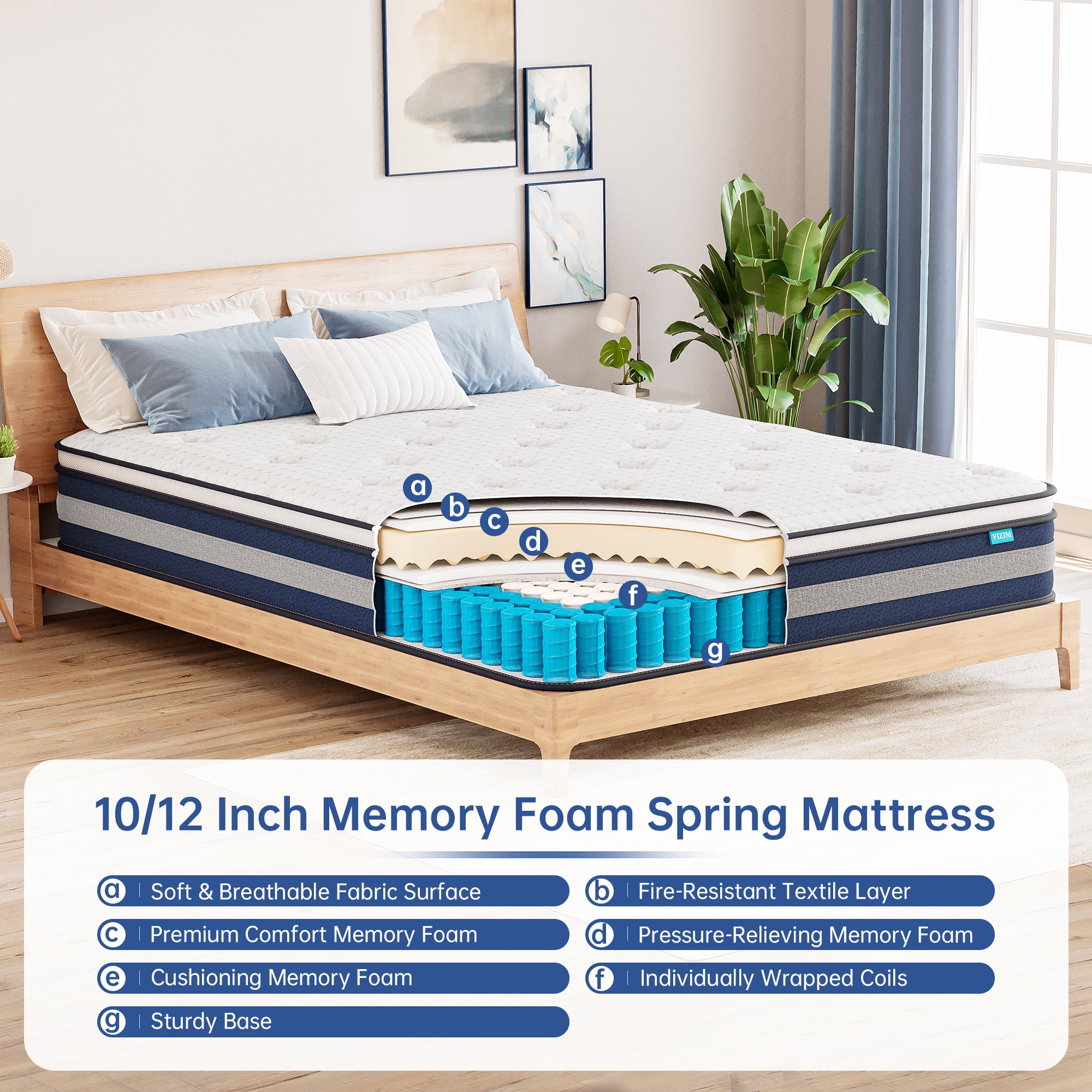 King Mattress, 10 Inch Hybrid Mattress with Individual Pocket Springs,Medium Firm